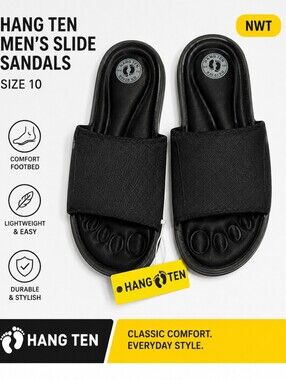 Hang Ten Men's Black Slide Sandals Size 13 Comfort Pool Beach NWT